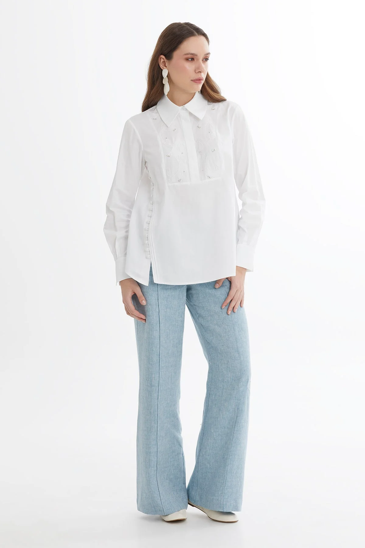 White Button Detail Embroidered Shirt - Image 5