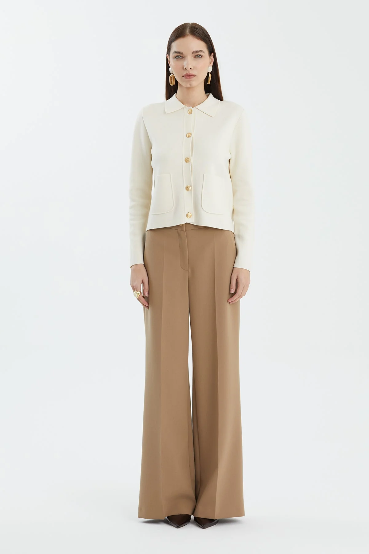 White Buttoned Polo Neck Knit