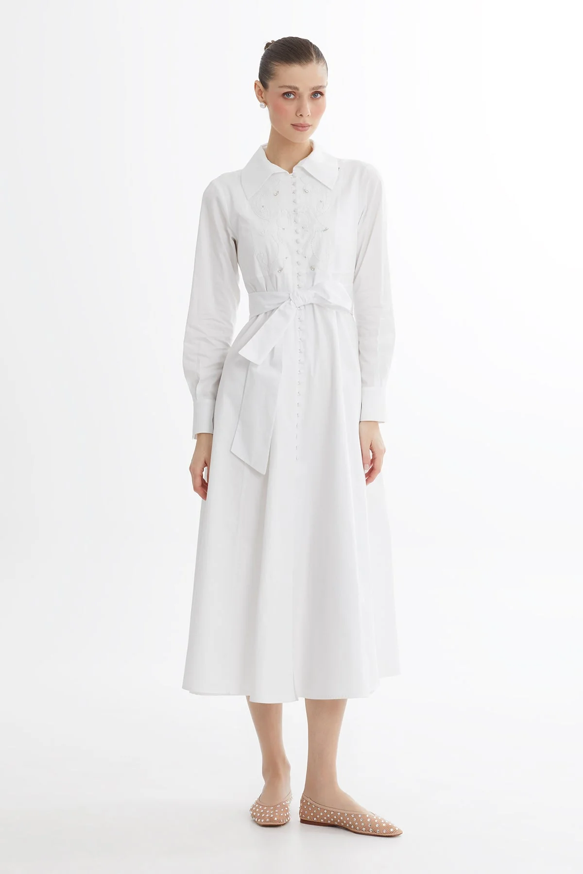 White Embroidered Detail Midi Dress