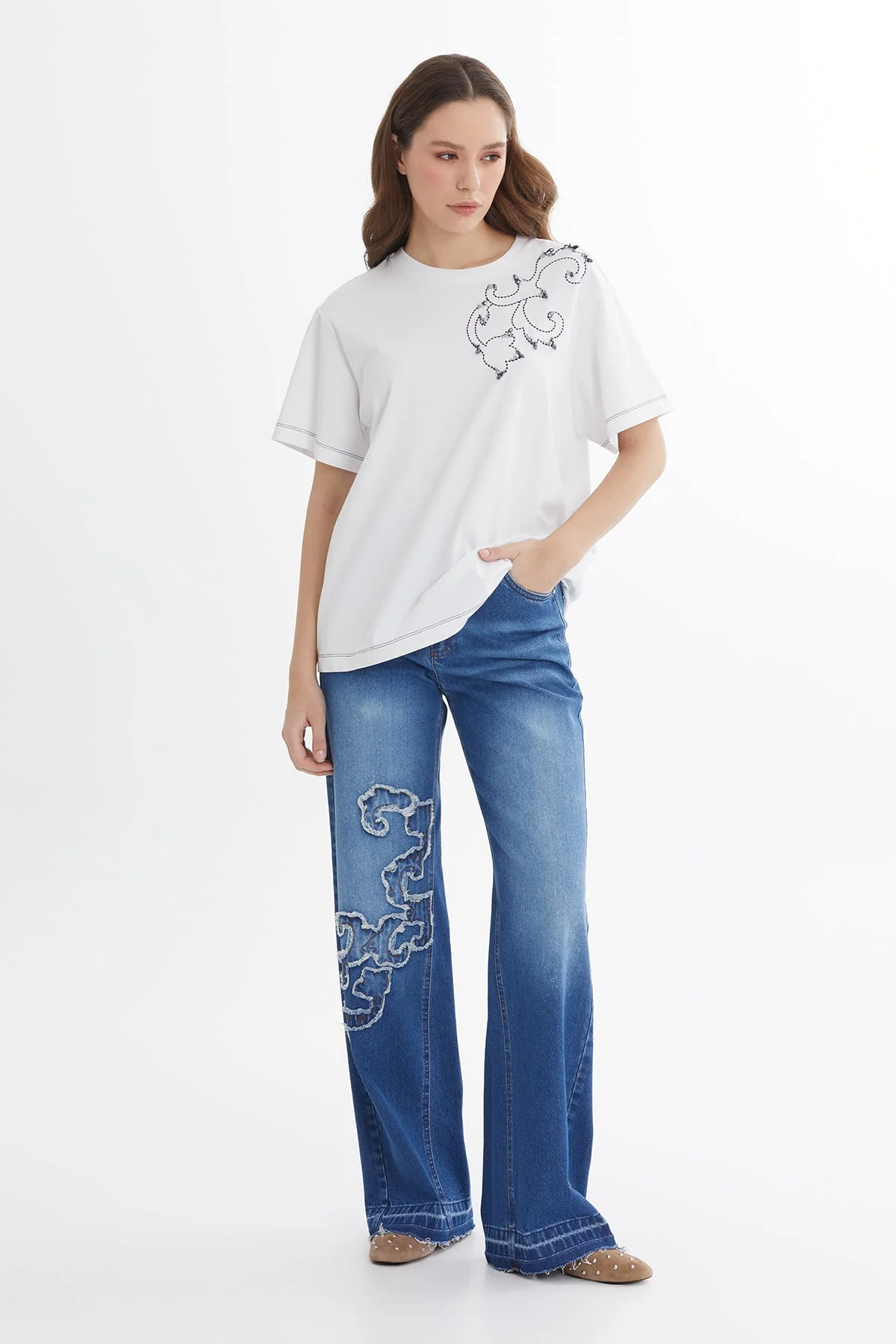 White Embroidered Detail T-Shirt
