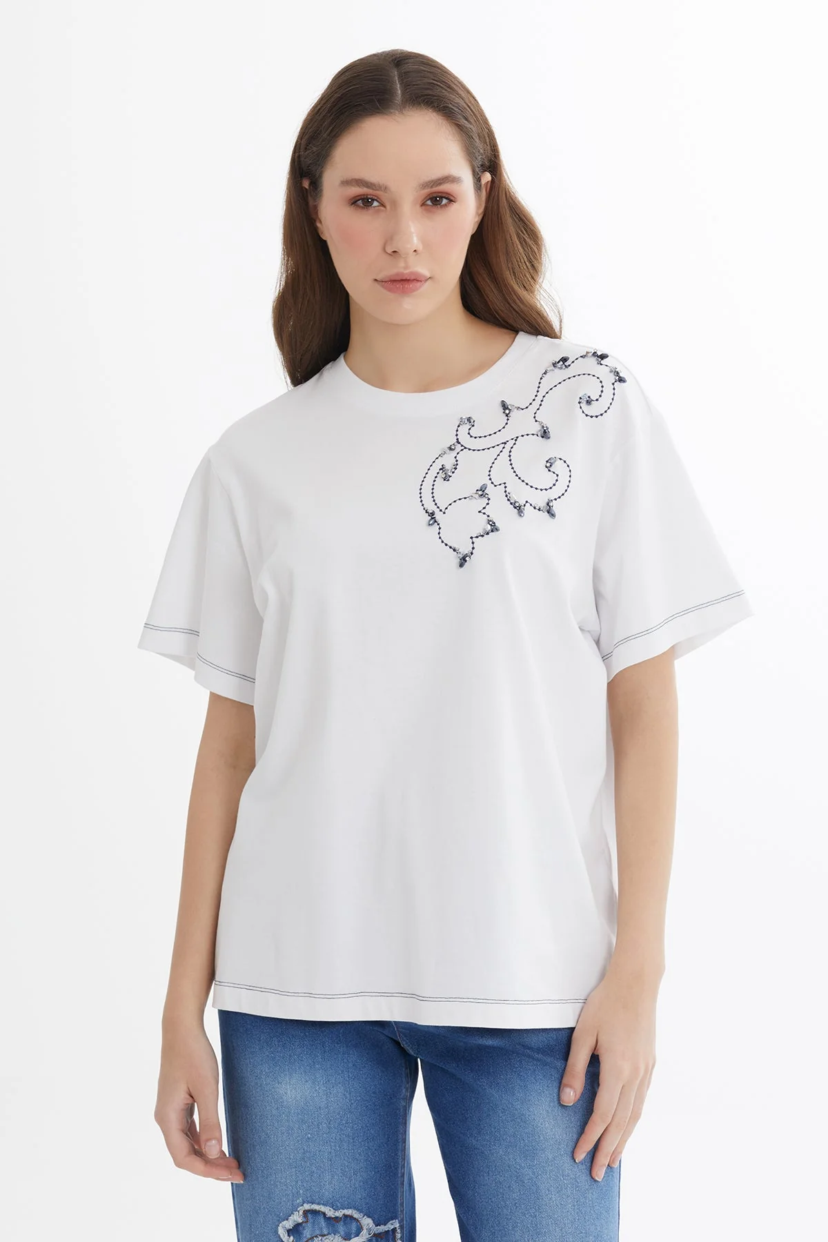White Embroidered Detail T-Shirt - Image 2