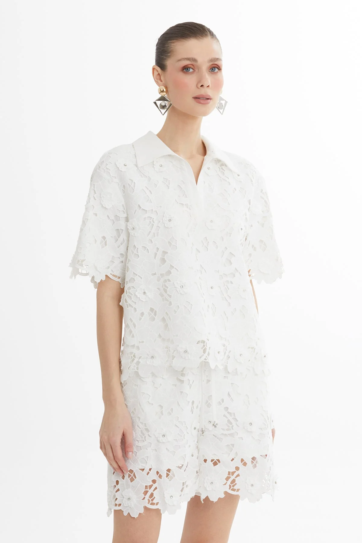 White Embroidered Printed Blouse - Image 2