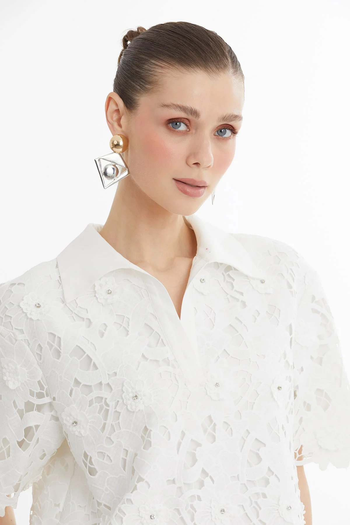 White Embroidered Printed Blouse - Image 3
