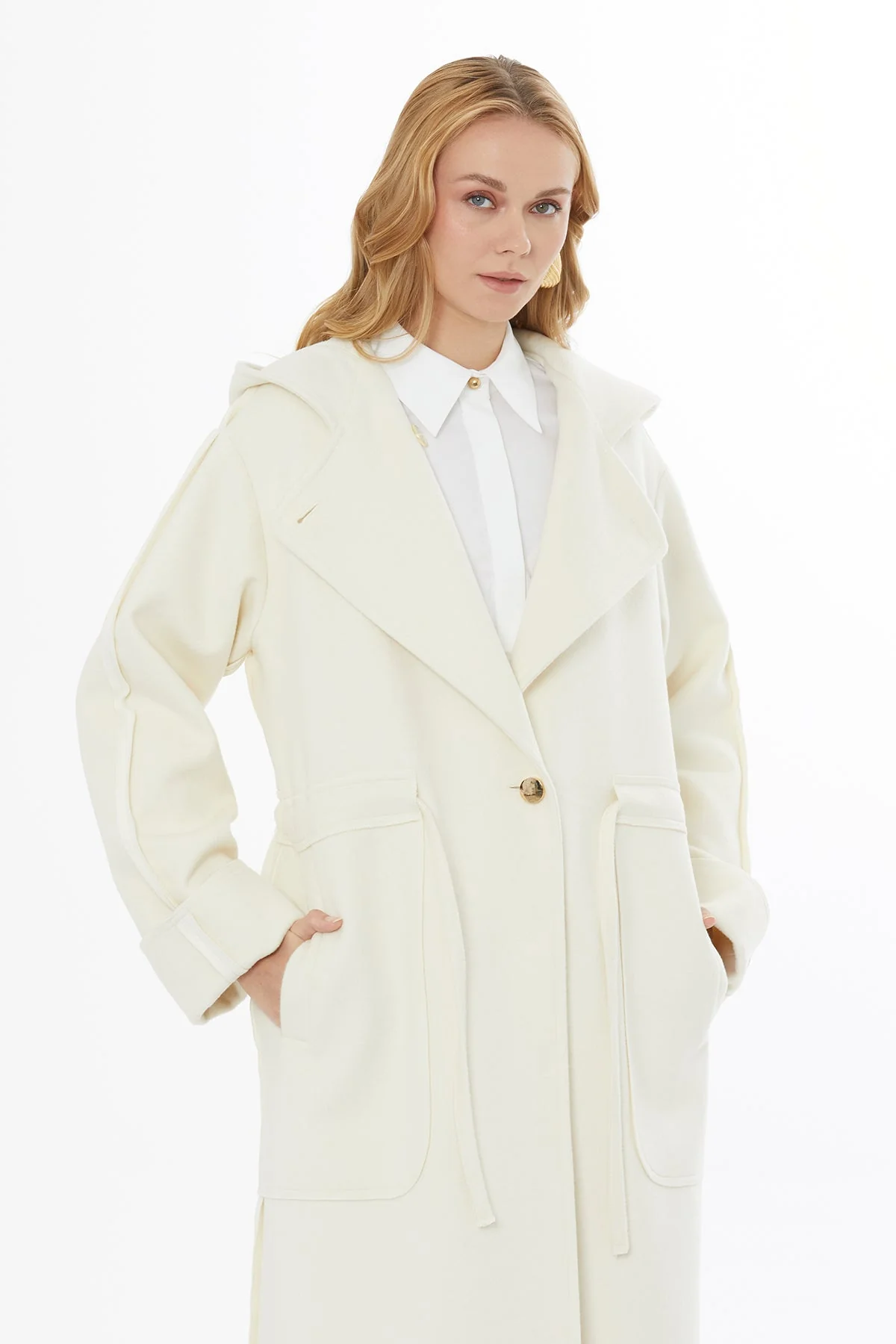 White Hooded Coat with Tie Detail - Image 3