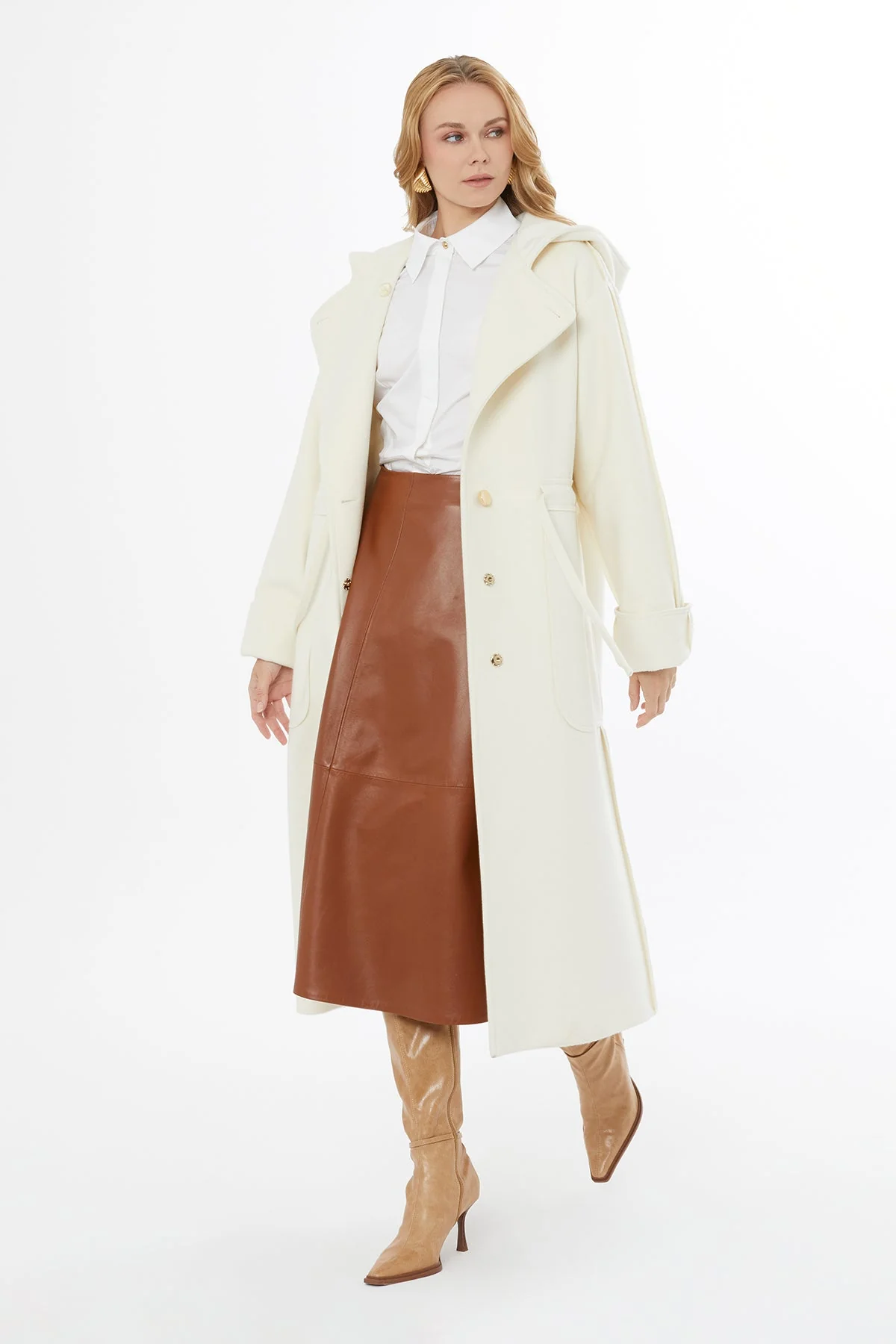 White Hooded Coat with Tie Detail - Image 4
