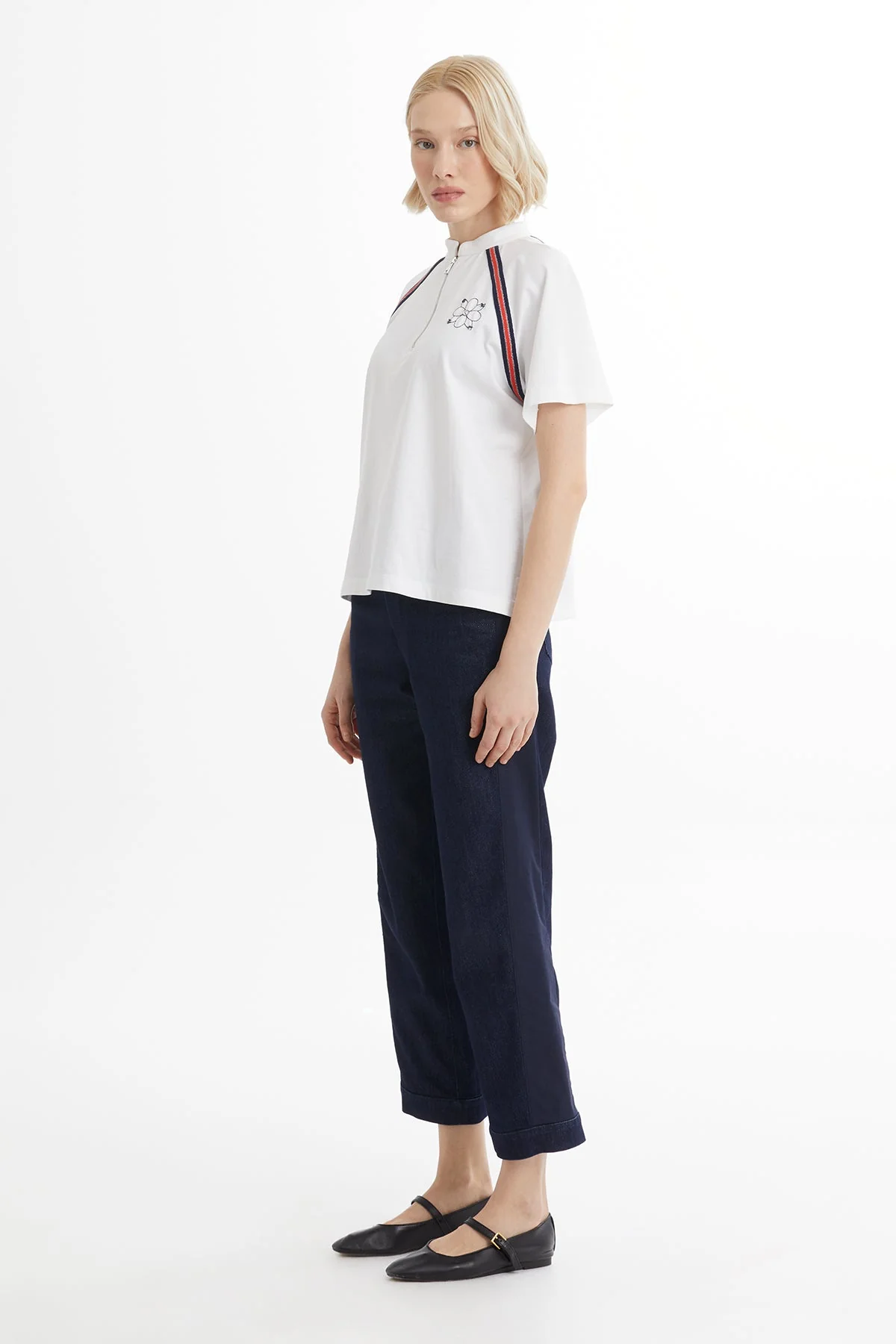White Knit-Trim Embroidered Zip T-Shirt - Image 3