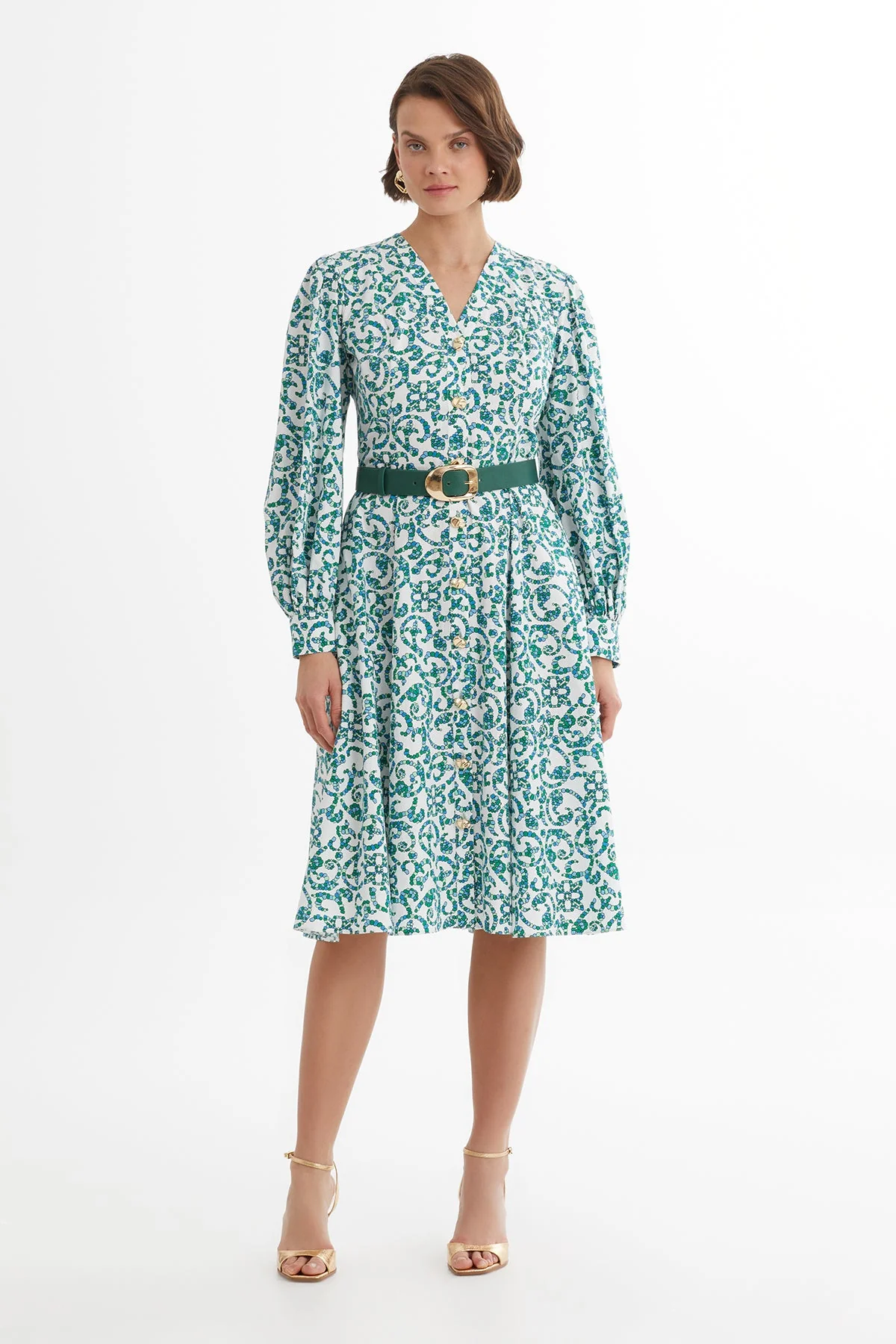 White Leather-Belted Patterned Dress