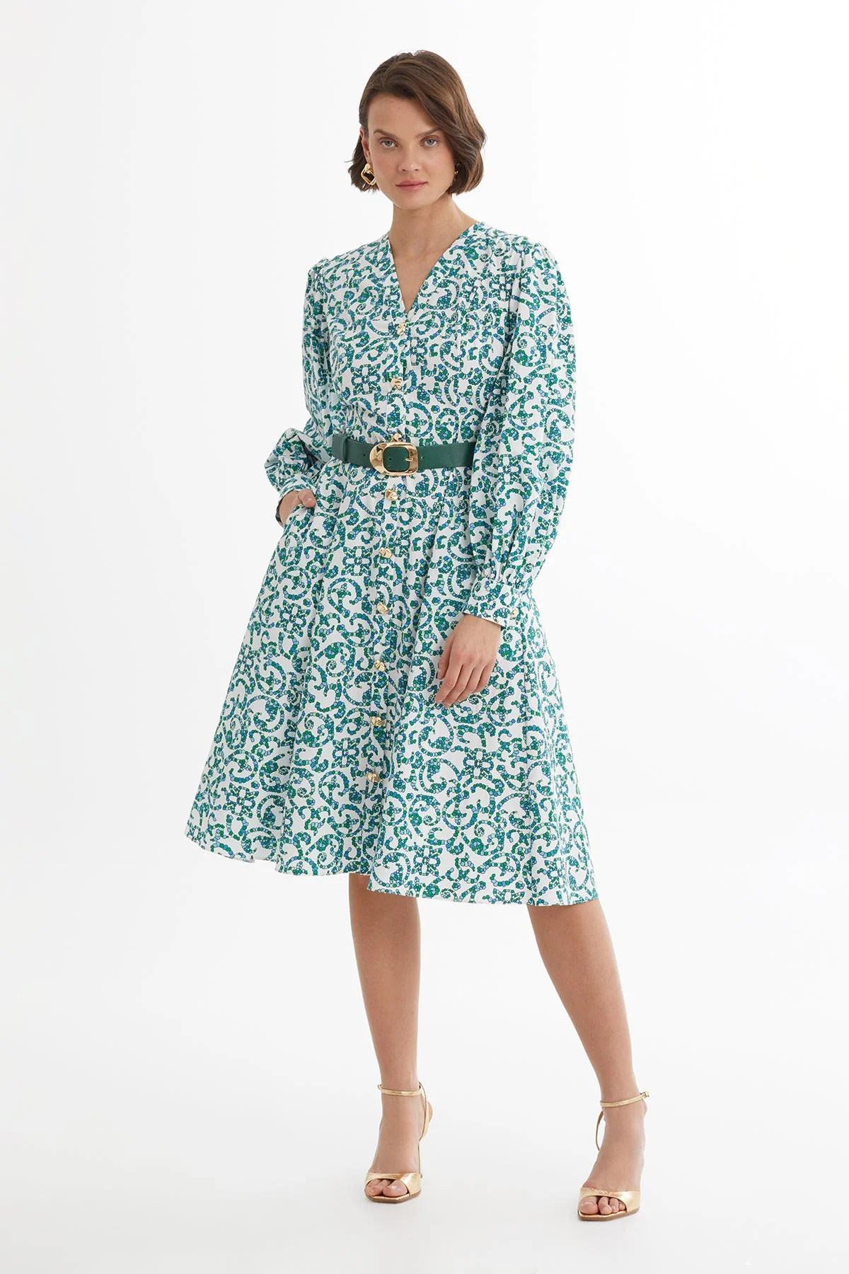 White Leather-Belted Patterned Dress - Image 2