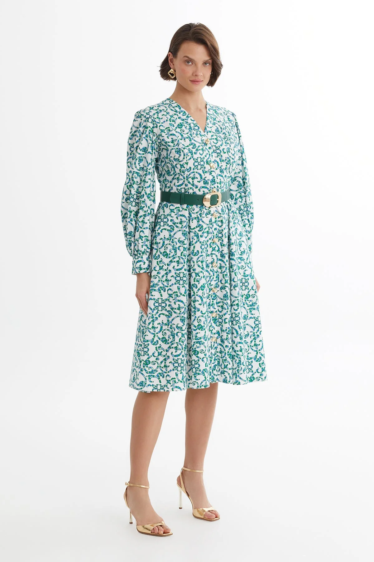 White Leather-Belted Patterned Dress - Image 3