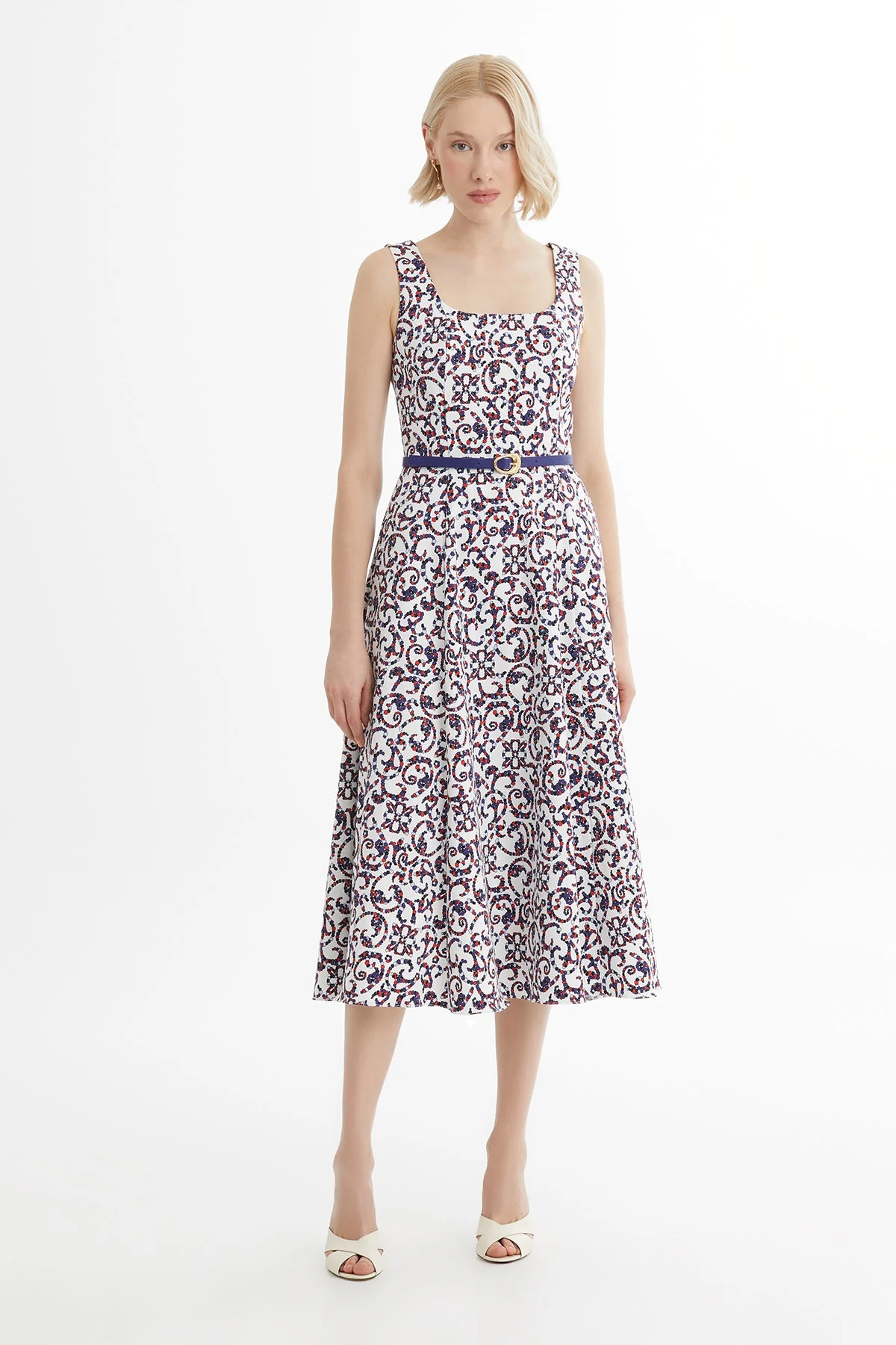 White Leather-Belted Patterned Dress
