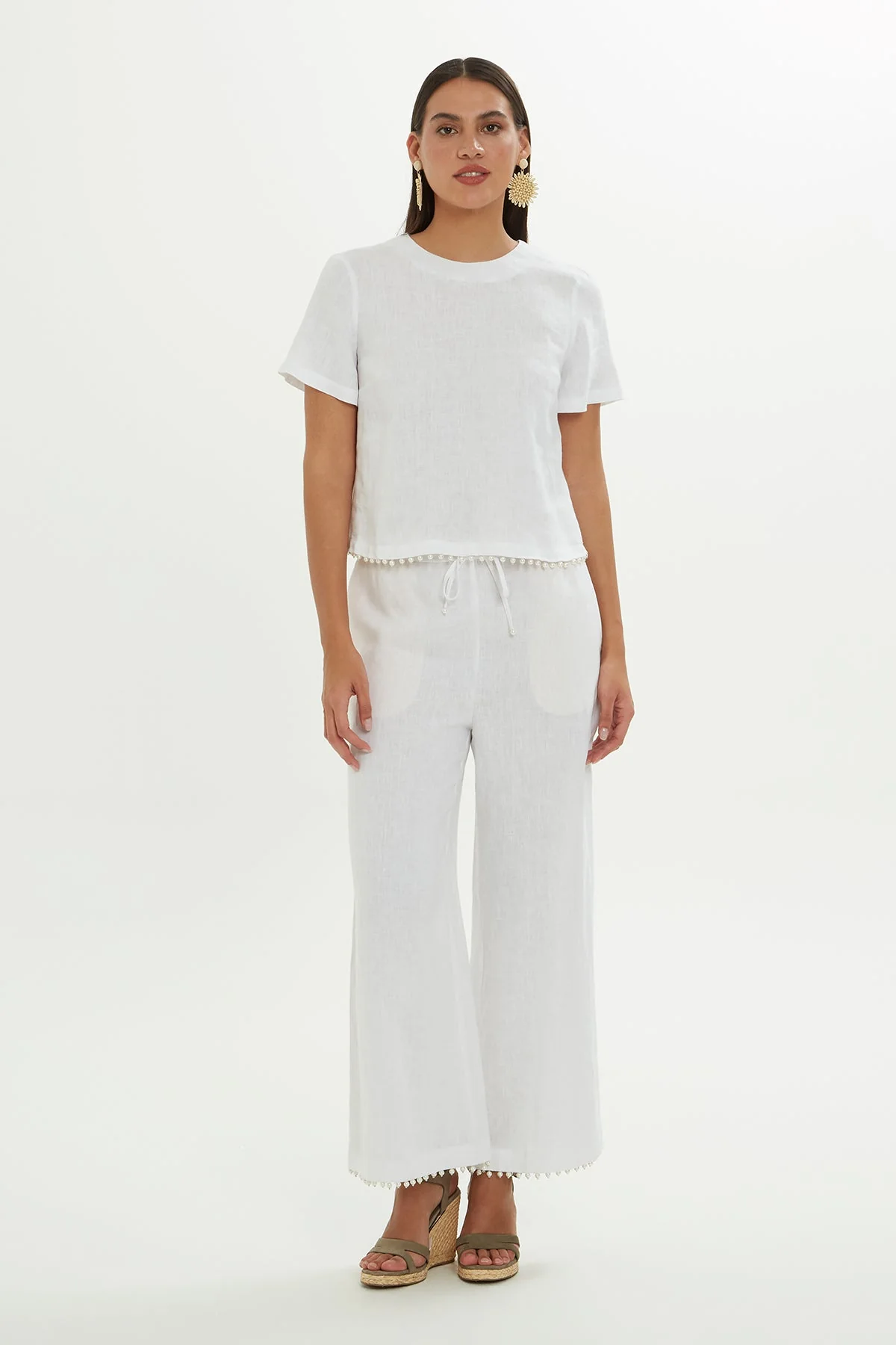 White Linen Blouse with Pearl Detail