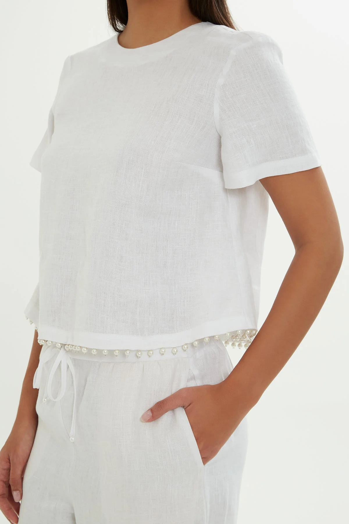 White Linen Blouse with Pearl Detail - Image 2