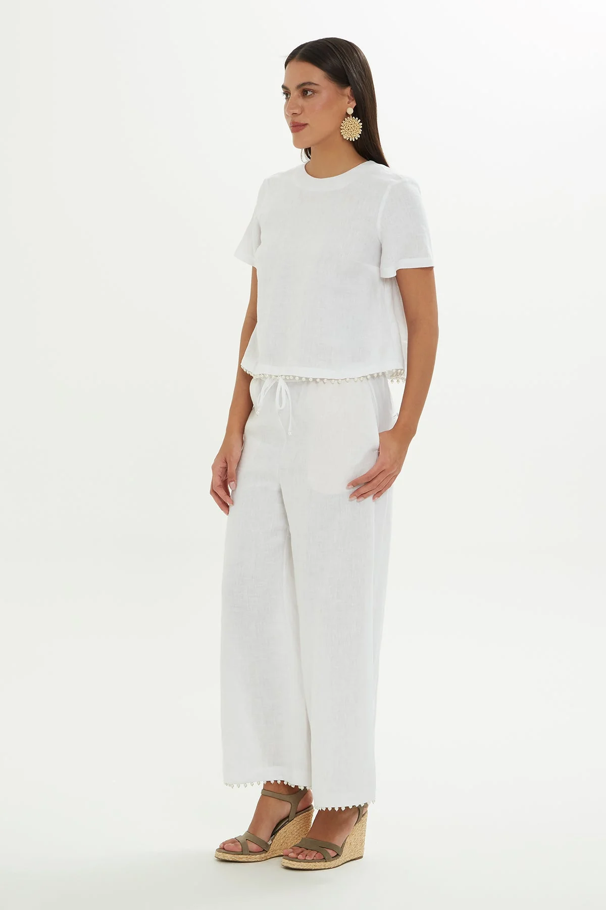 White Linen Blouse with Pearl Detail - Image 3