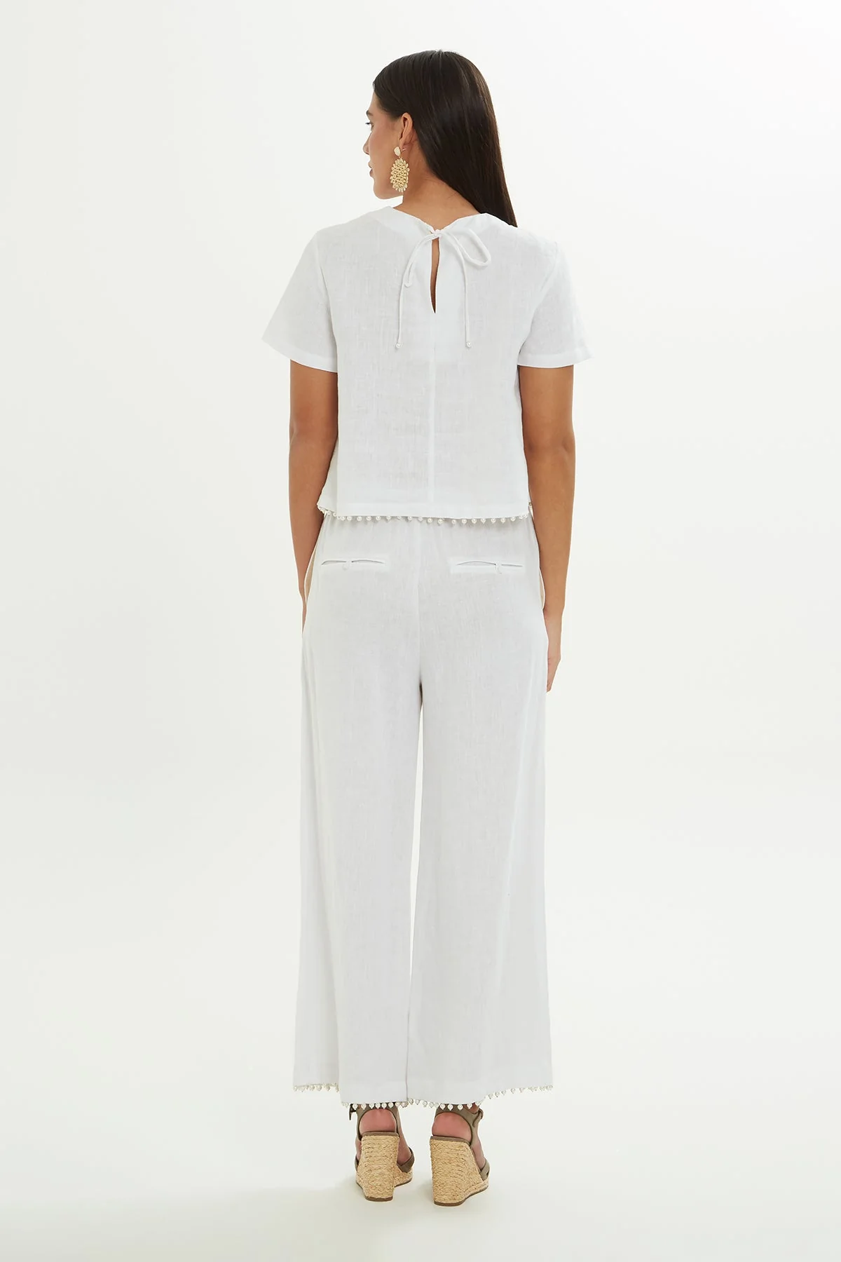 White Linen Blouse with Pearl Detail - Image 5