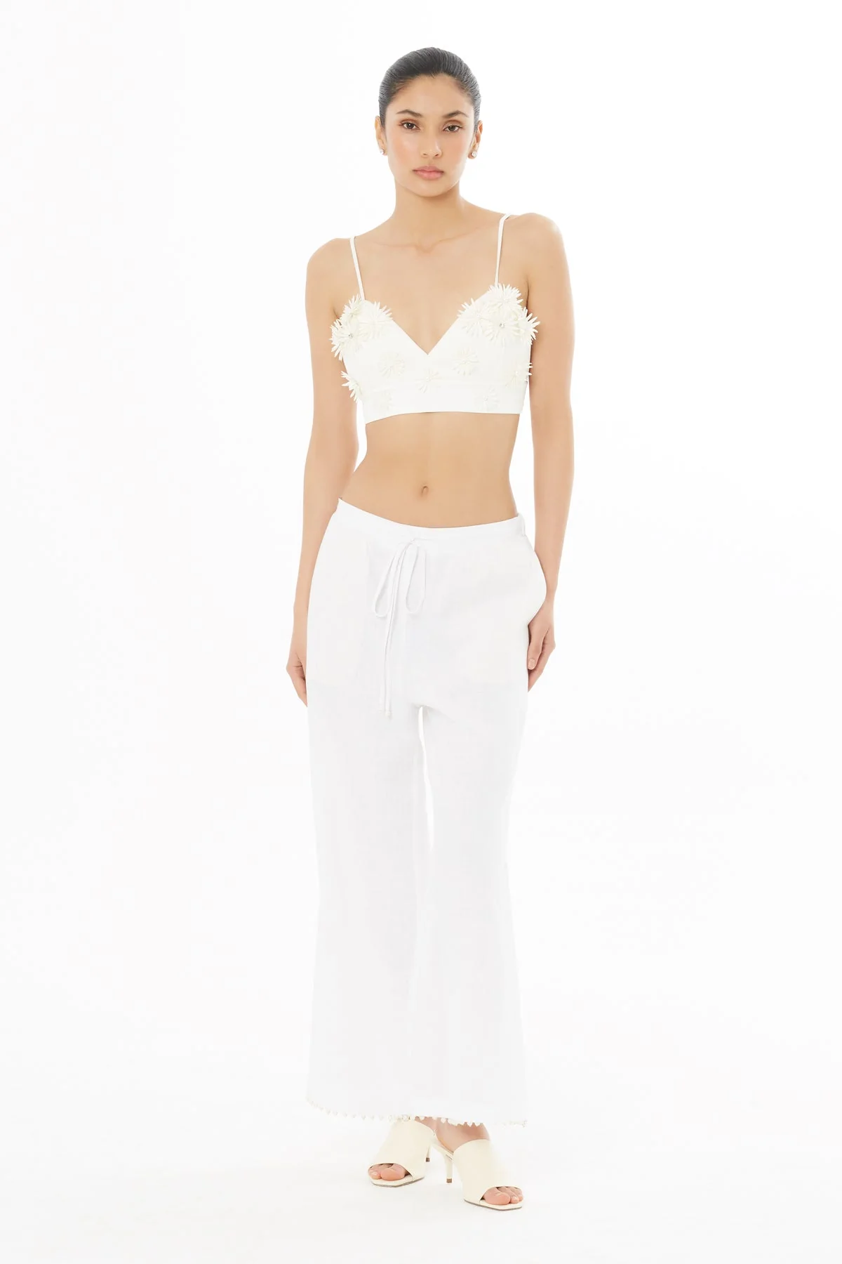 White Linen Trousers with Pearl Detail