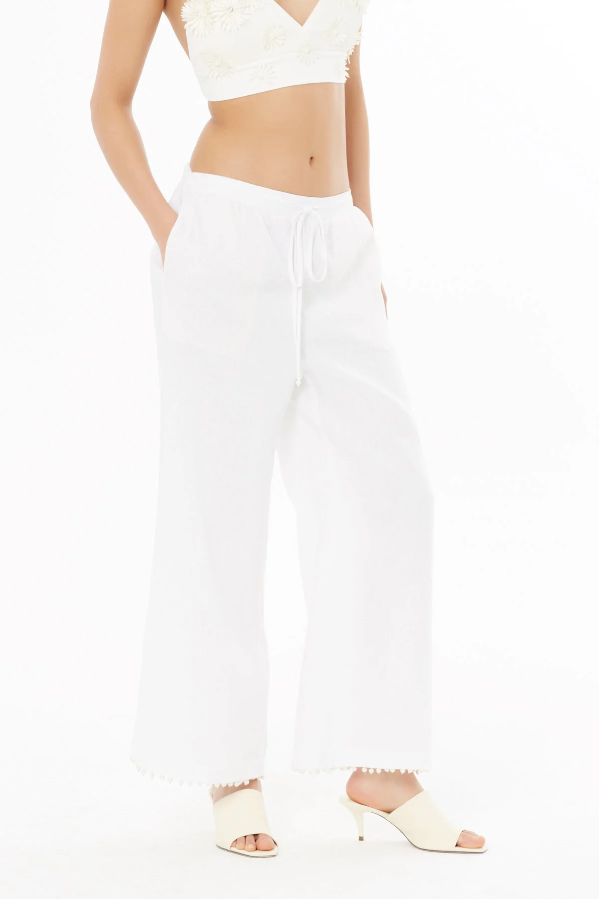 White Linen Trousers with Pearl Detail - Image 3