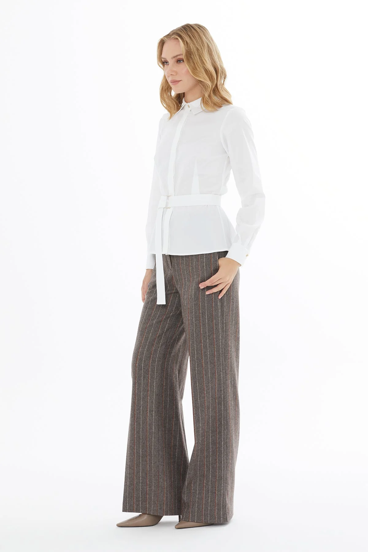 White Long-Sleeved Shirt with Belt - Image 4