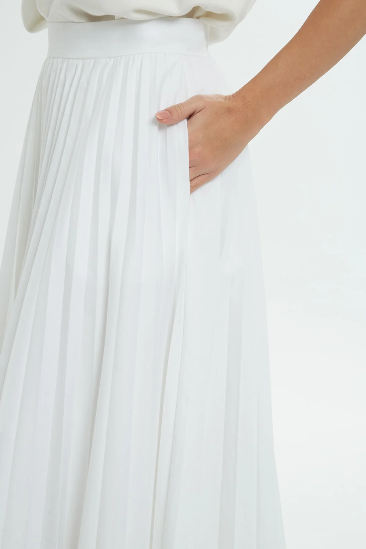 White Pleated Cotton Midi Skirt - Image 2