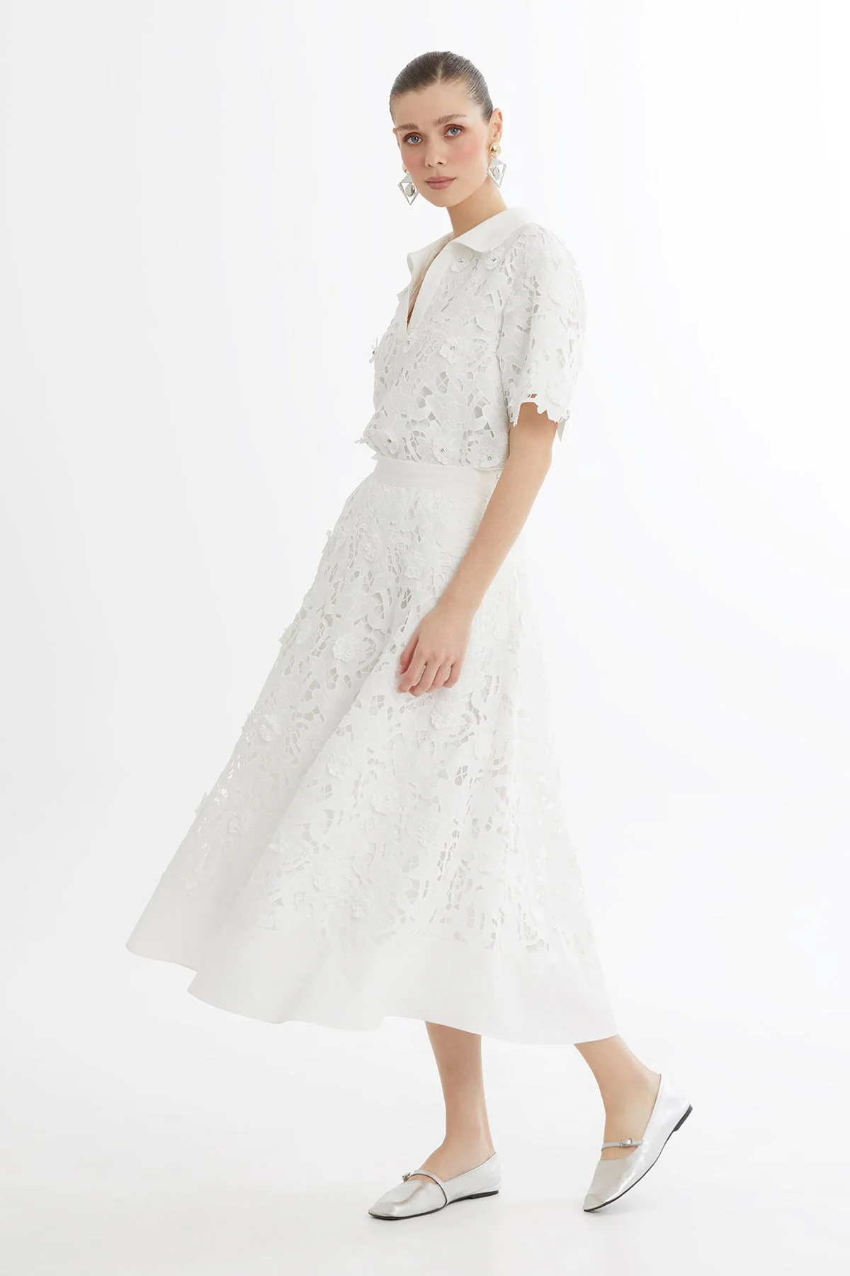 White Printed Ruffle Midi Skirt