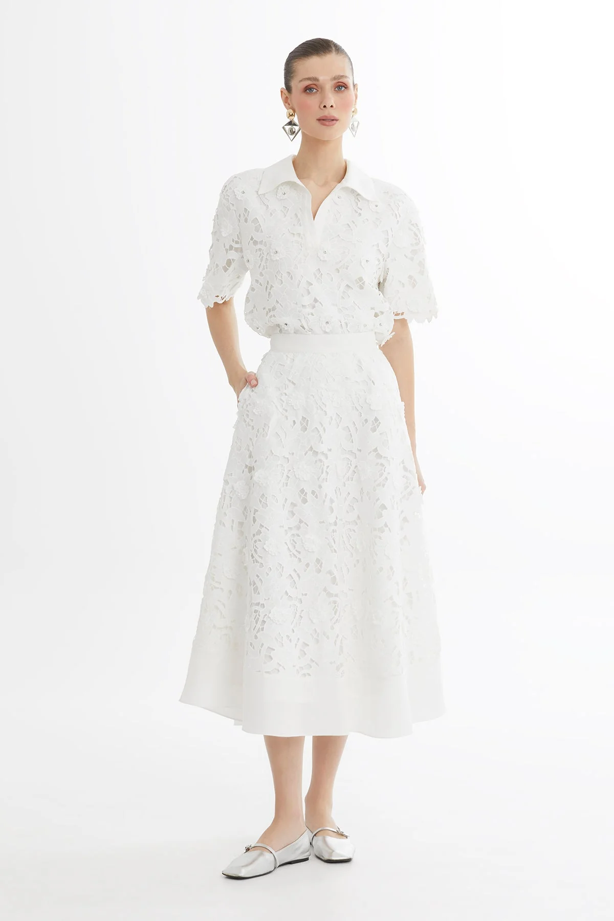 White Printed Ruffle Midi Skirt - Image 3
