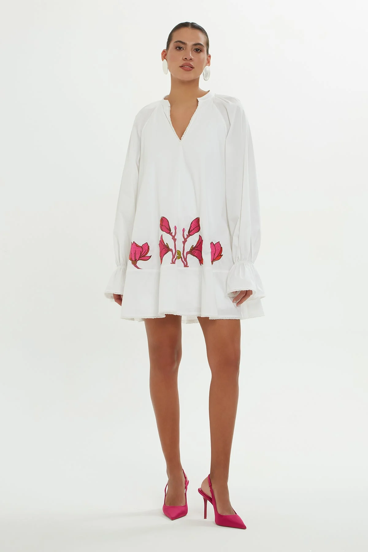 White Short Dress with Pink Embroidery