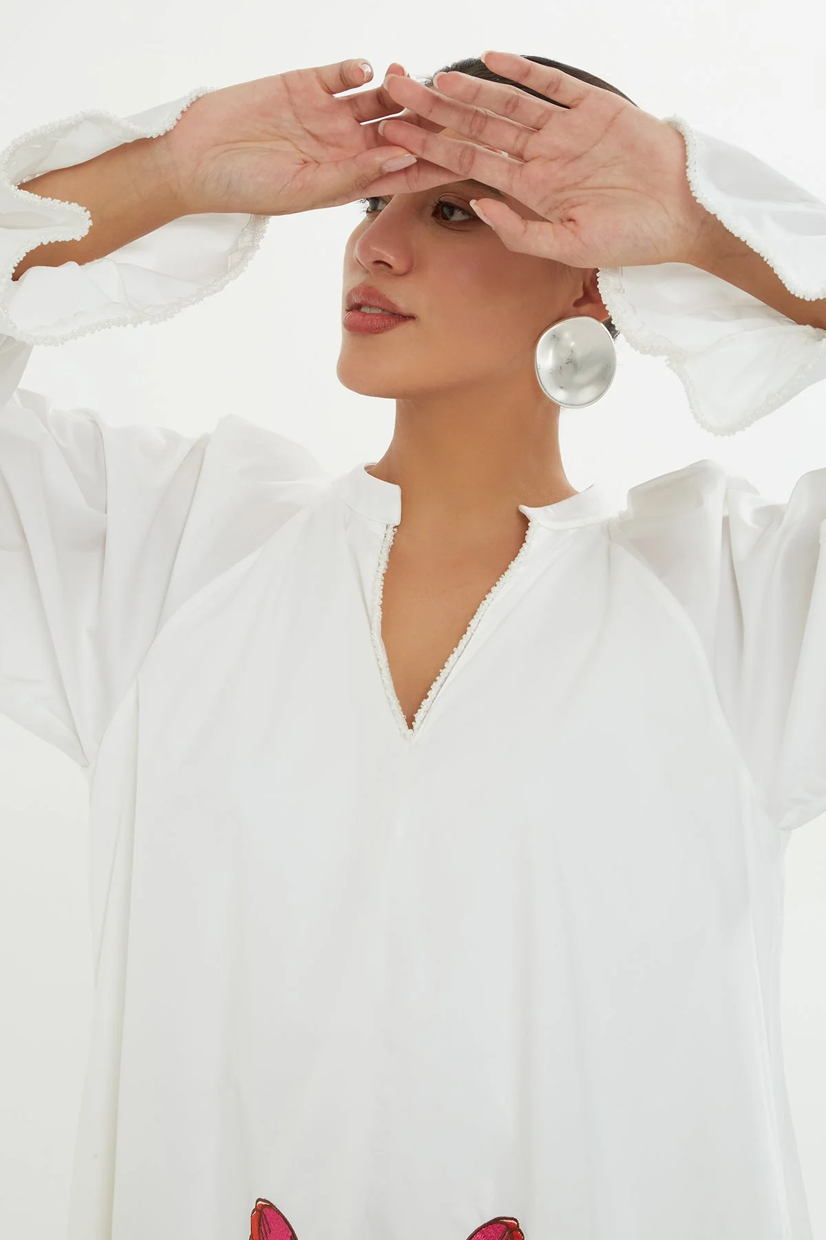 White Short Dress with Pink Embroidery - Image 3