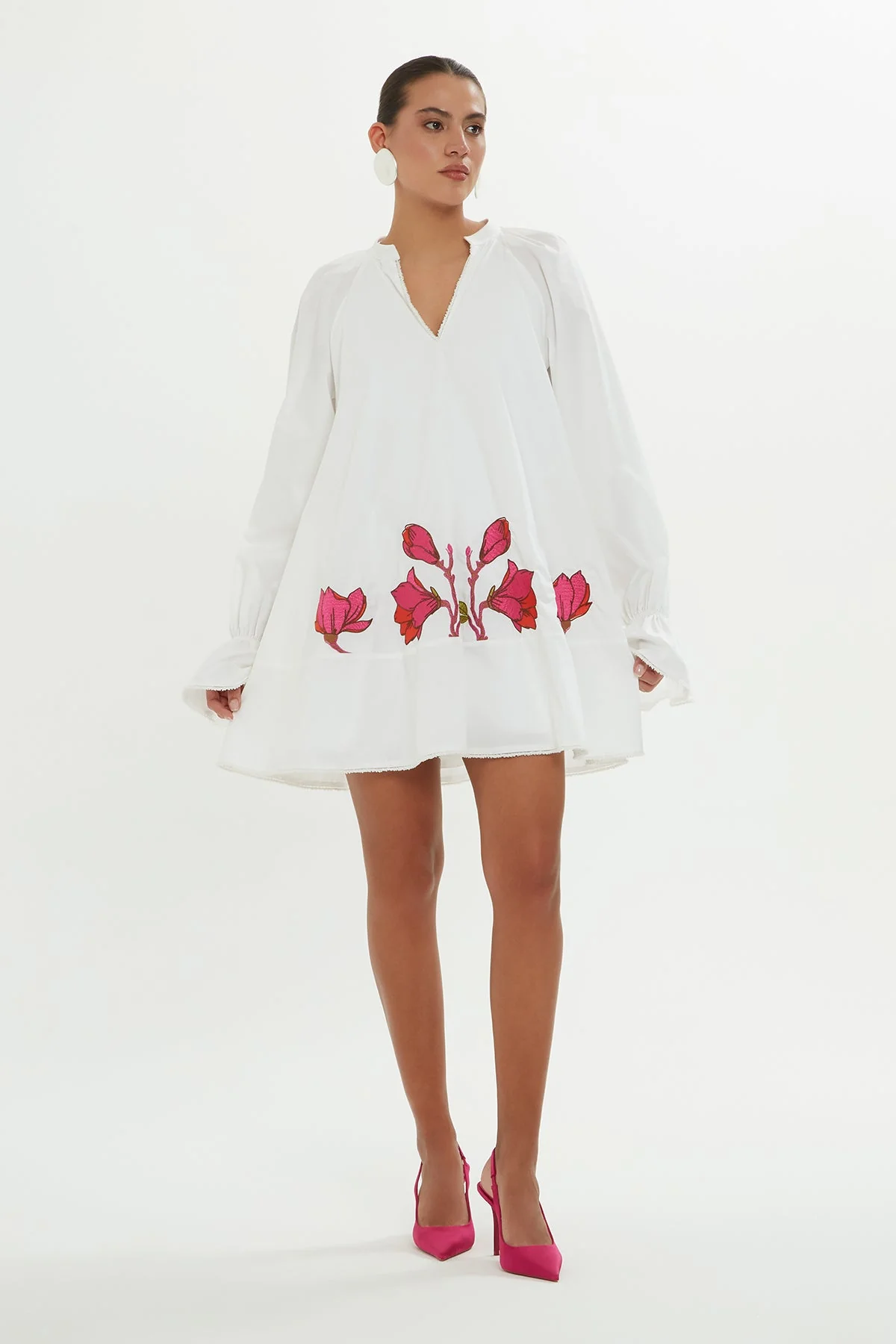 White Short Dress with Pink Embroidery - Image 4