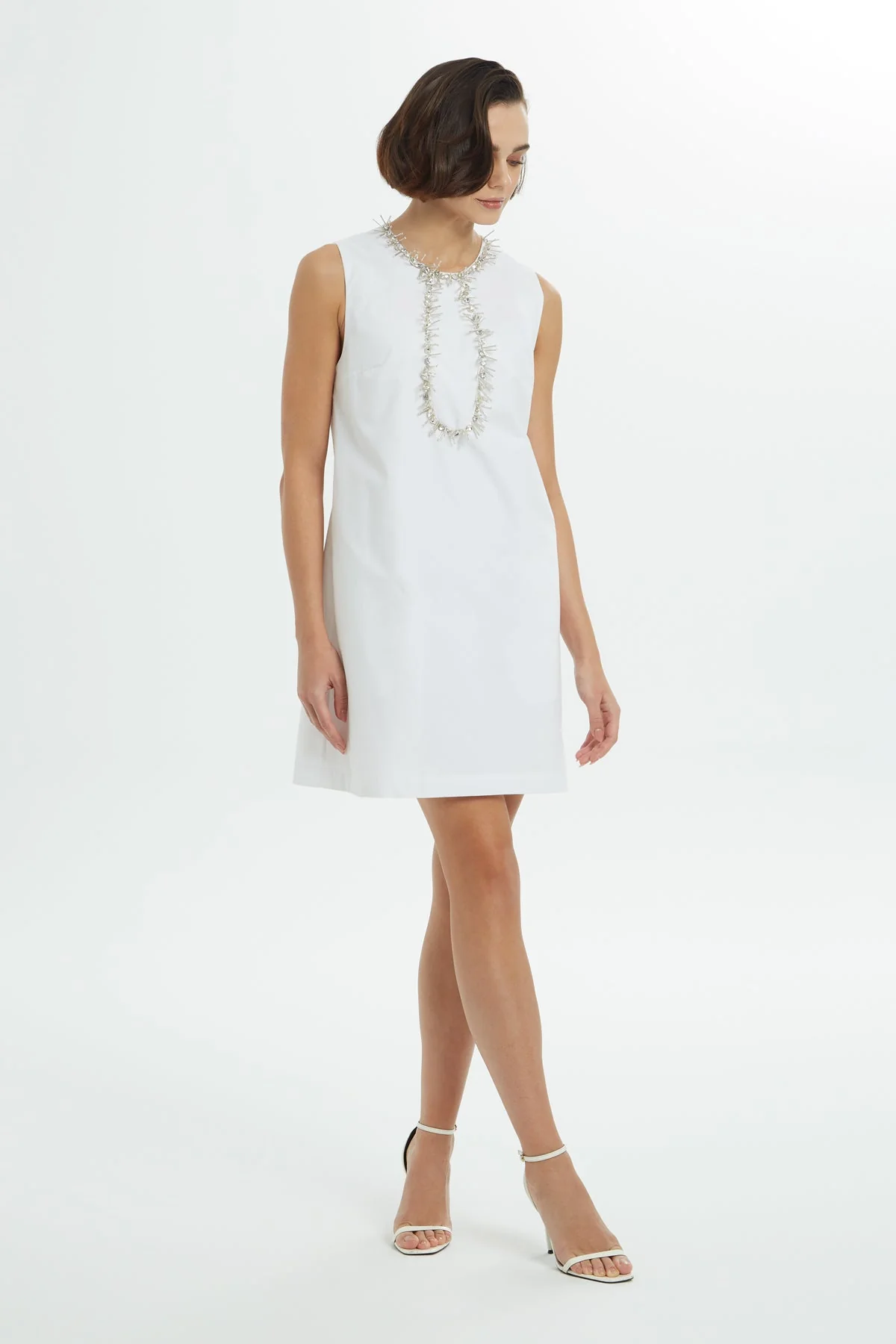 White Stone-Embellished Short Dress