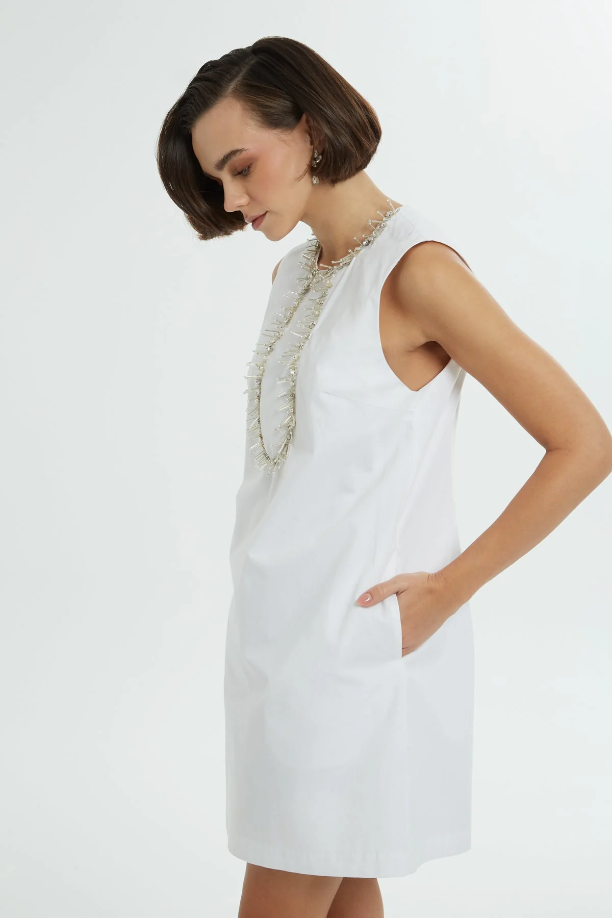 White Stone-Embellished Short Dress - Image 3