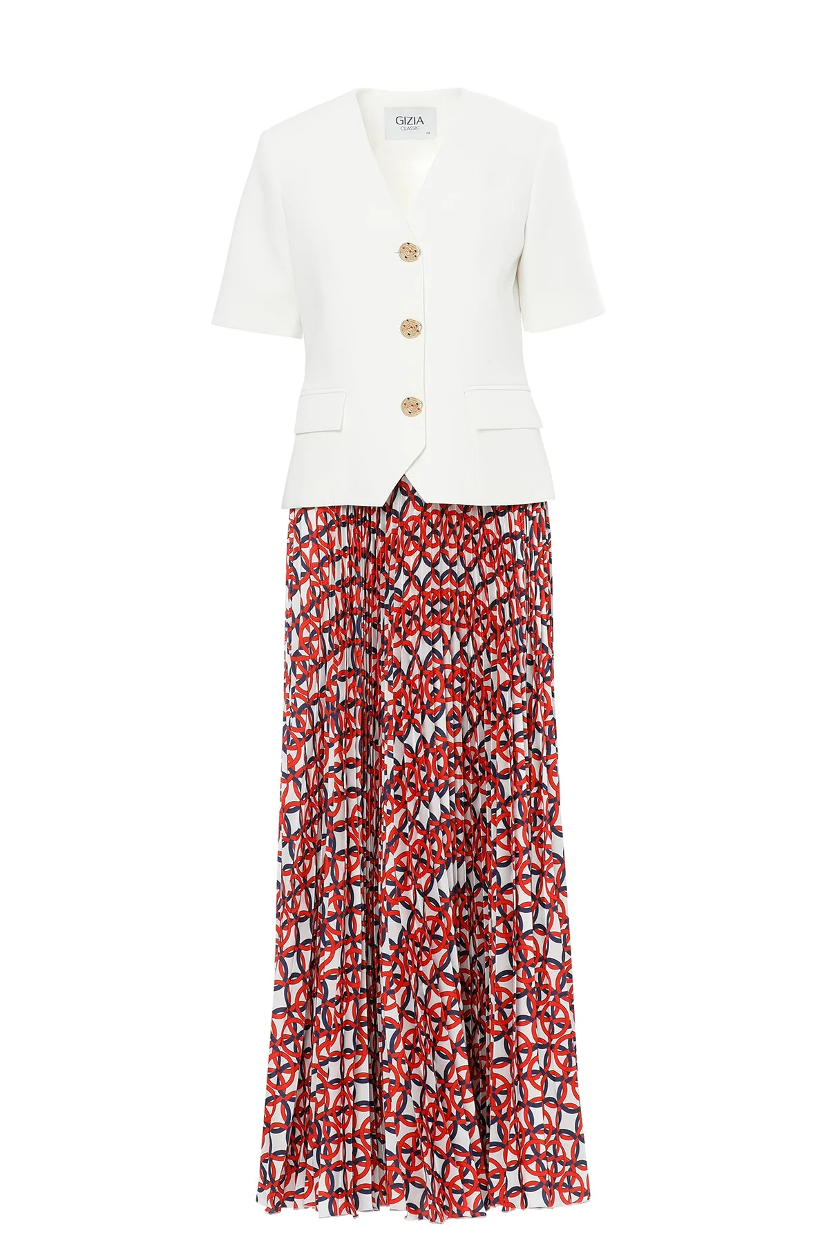 White Suit with Pleated Skirt Detail
