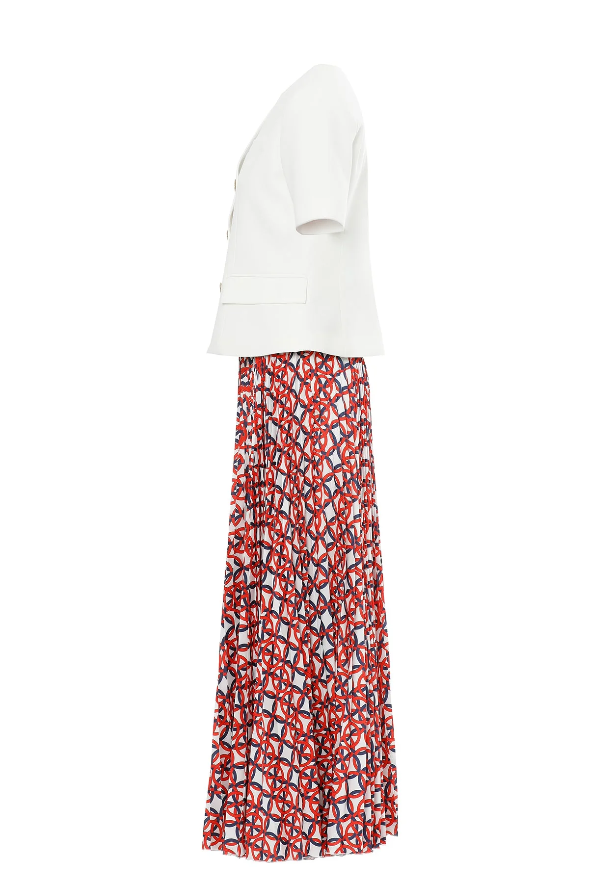 White Suit with Pleated Skirt Detail - Image 2
