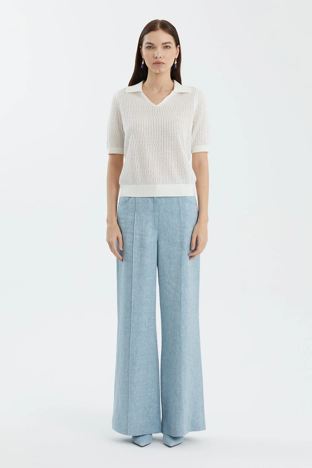 White Wool-Blend Polo Neck Knit