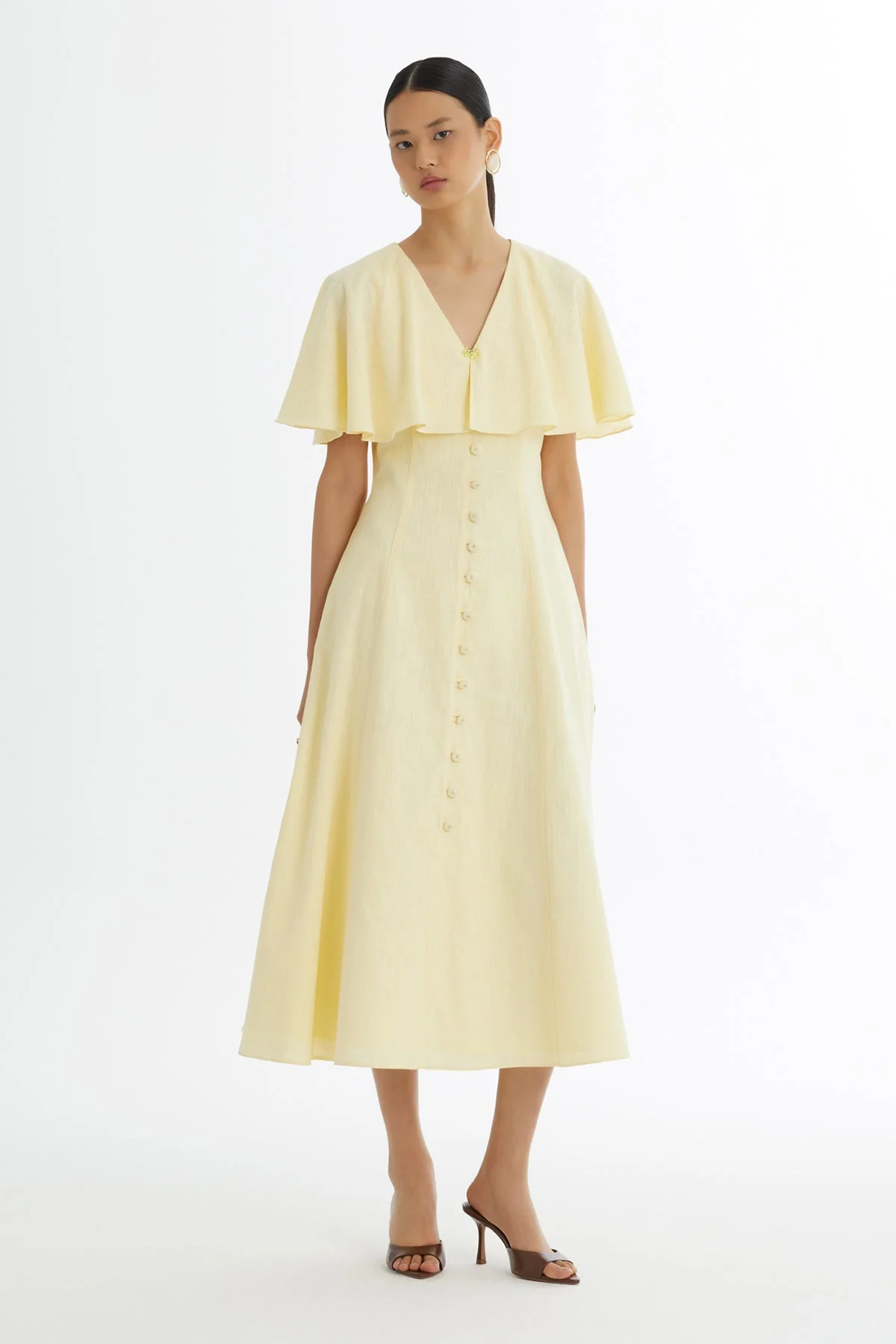 Yellow Cape-Detail Embroidered Dress