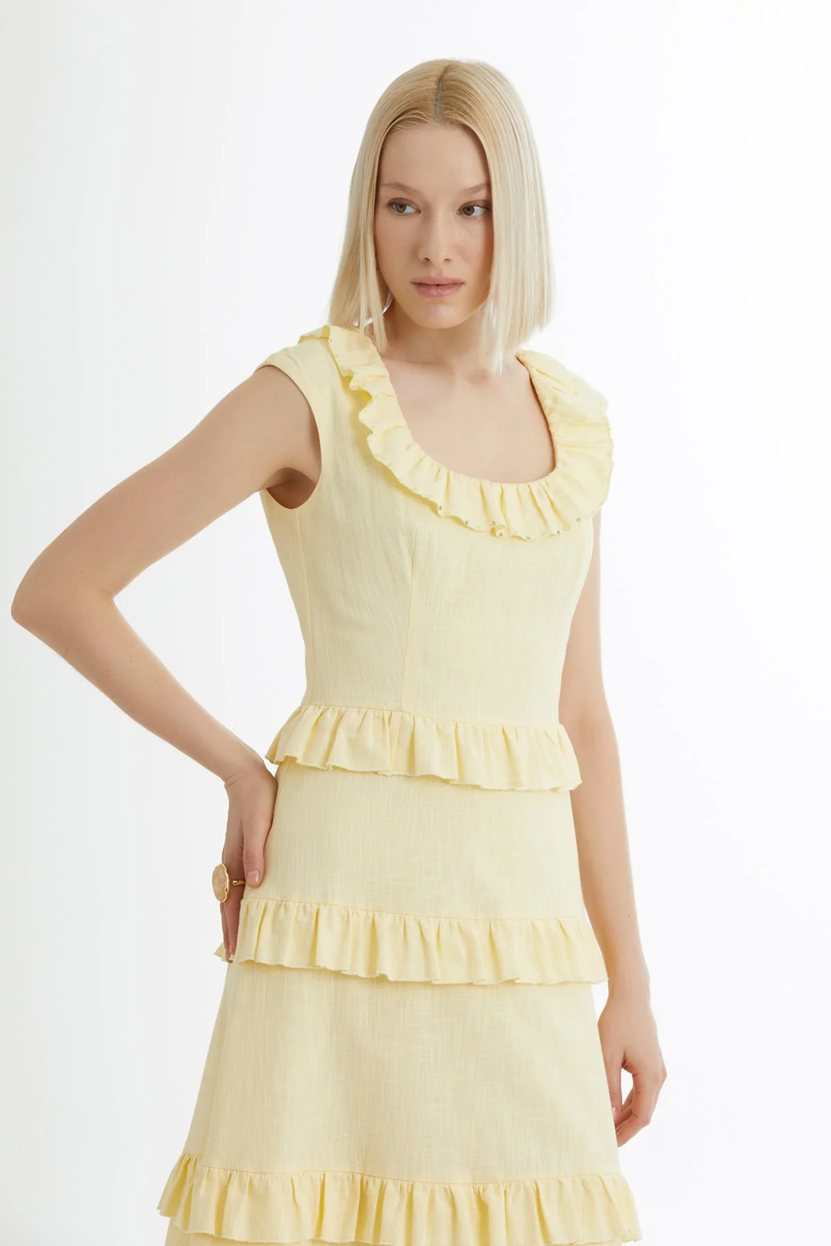 Yellow Ruffled Sleeveless Square-Neck Dress - Image 2