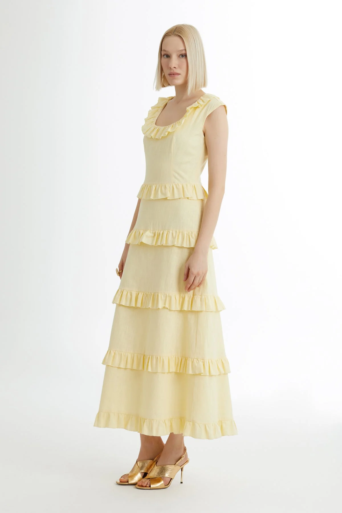Yellow Ruffled Sleeveless Square-Neck Dress - Image 4