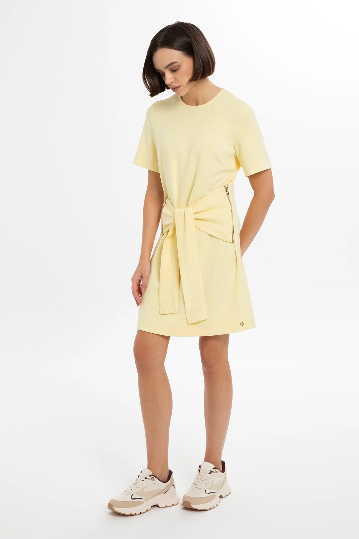Yellow Short Dress with Belt Detail - Image 3