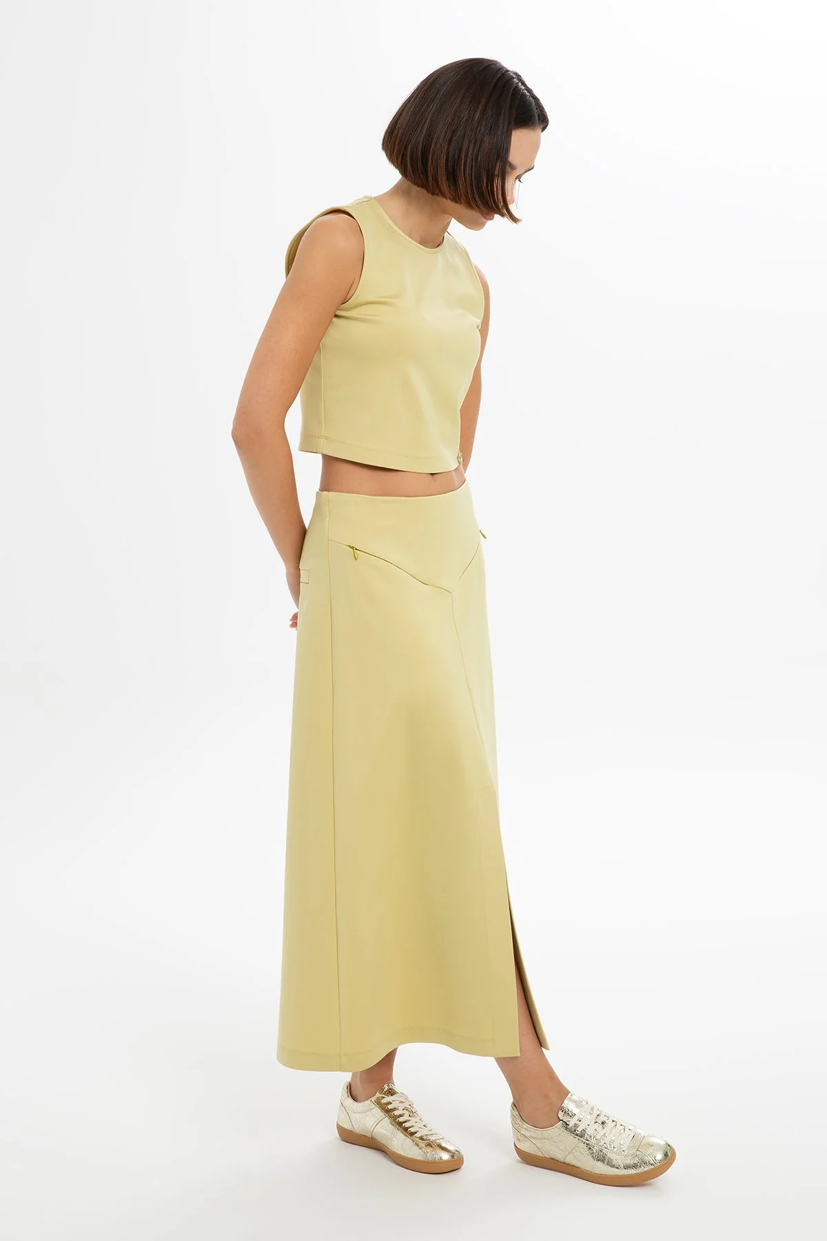 Yellow Slit-Detail Midi Skirt - Image 4
